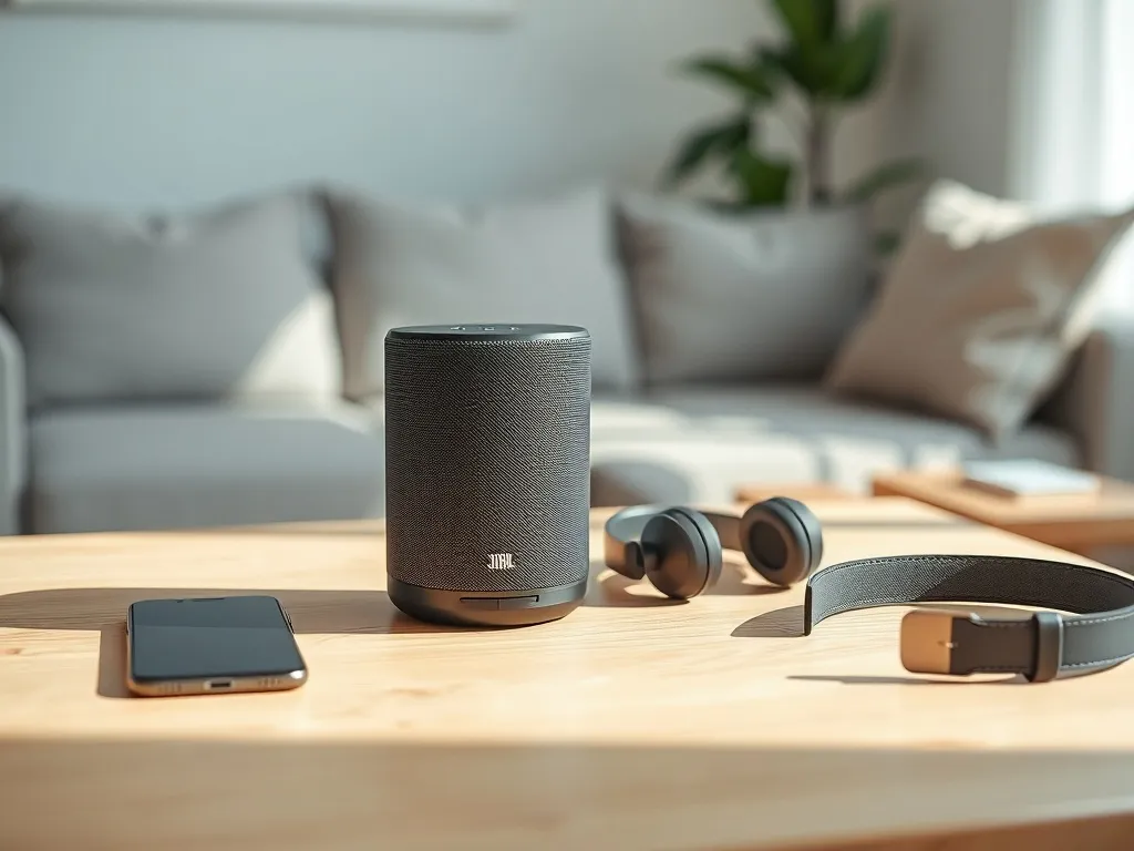 Bezprzewodowy głośnik Bluetooth na biurku obok smartfona i słuchawek, w nowoczesnym, jasnym wnętrzu salonu.