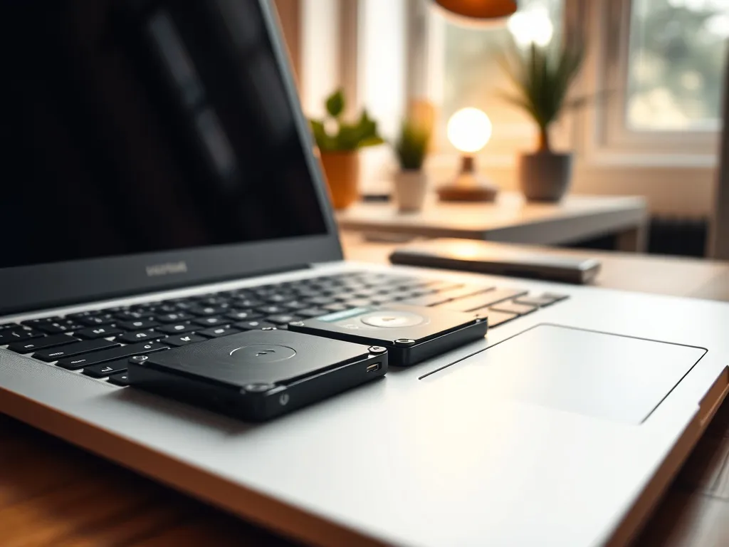 Laptop z leżącymi obok siebie dyskiem SSD i HDD, podkreślając porównanie ich budowy i działania