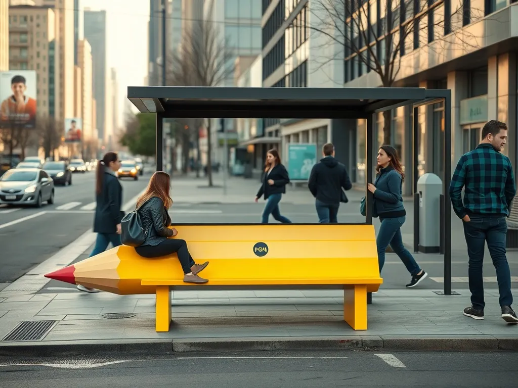 Żółta ławka w kształcie ołówka na przystanku ilustruje zaskakującą reklamę ambientową w przestrzeni miejskiej.