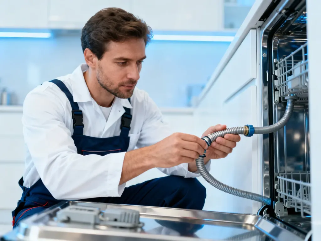Hydraulik w trakcie profesjonalnego podłączania nowoczesnej zmywarki w jasnej, minimalistycznej kuchni.