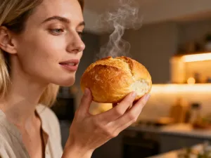 Kobieta czyści brudną blachę do pieczenia domową pastą w słonecznej kuchni. Obok widoczne są soda i ocet do sprzątania.