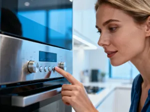 Wnętrze kuchenki mikrofalowej z widocznym magnetronem i miedzianymi cewkami, obrazujące proces generowania fal energii.