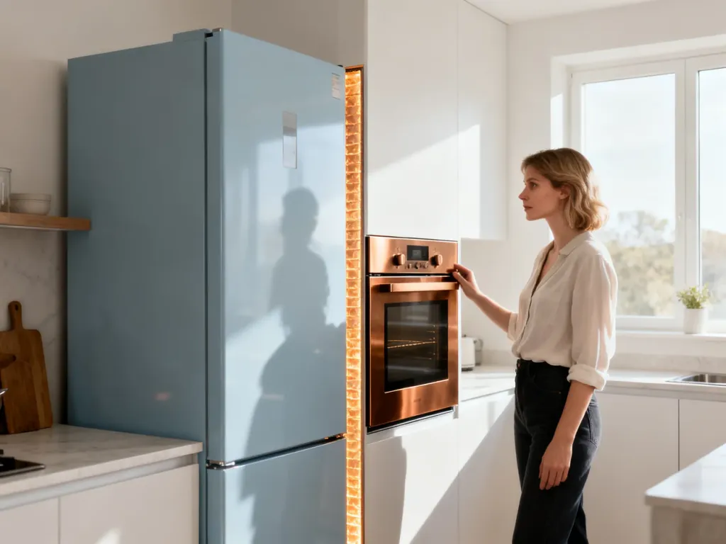 Nowoczesna kuchnia z piekarnikiem zainstalowanym obok lodówki, oddzielonych płytą termoizolacyjną.