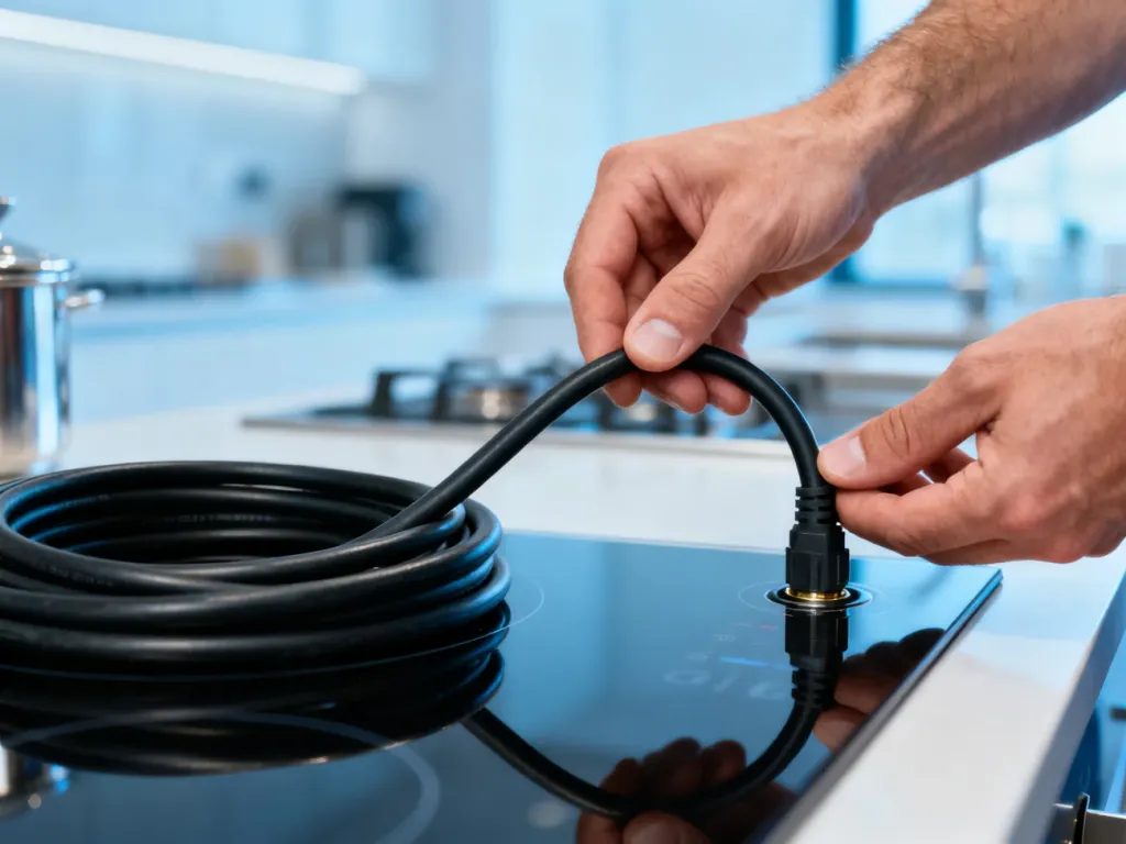 Elektryk podłączający gruby przewód zasilający do nowoczesnej płyty indukcyjnej w jasnej kuchni.