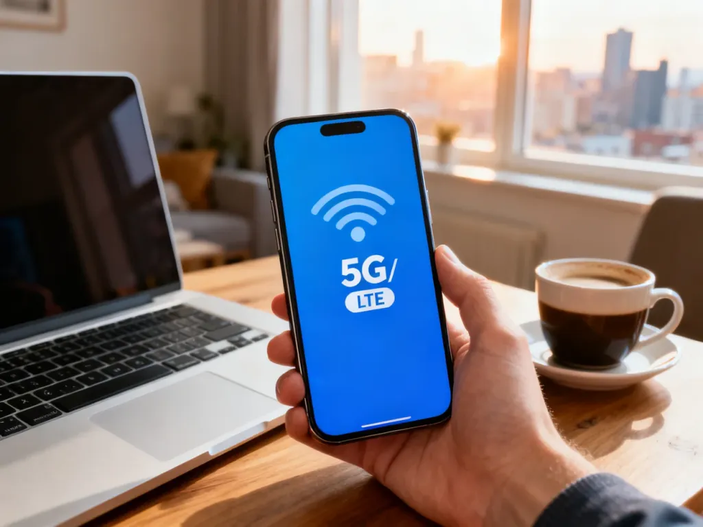 Smartfon z mocnym zasięgiem 5G obok laptopa i kawy, podkreślający wygodę codziennego korzystania z internetu mobilnego, no text on the picture